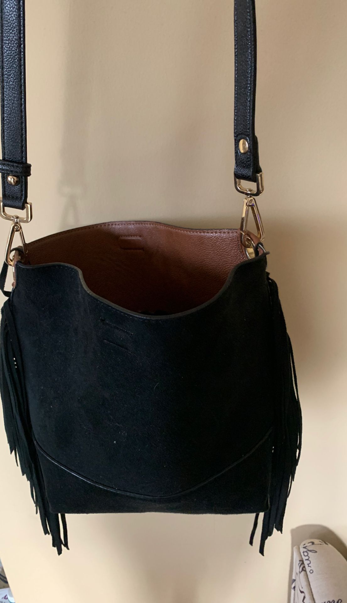 Calvin Klein black suede purse with fringe