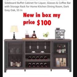 New  in box Cabinet, Industrial Wine Bar Cabinet, Rustic Sideboard Buffet Cabinet for Liquor, Glasses & Coffee Bar with Storage Rack for Home Kitchen 