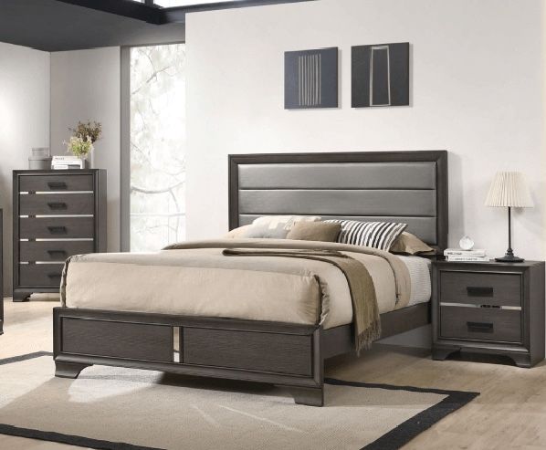 Queen Bed  Gray Glam Mirrored Insets Upholstered Headboard pick up can deliver 