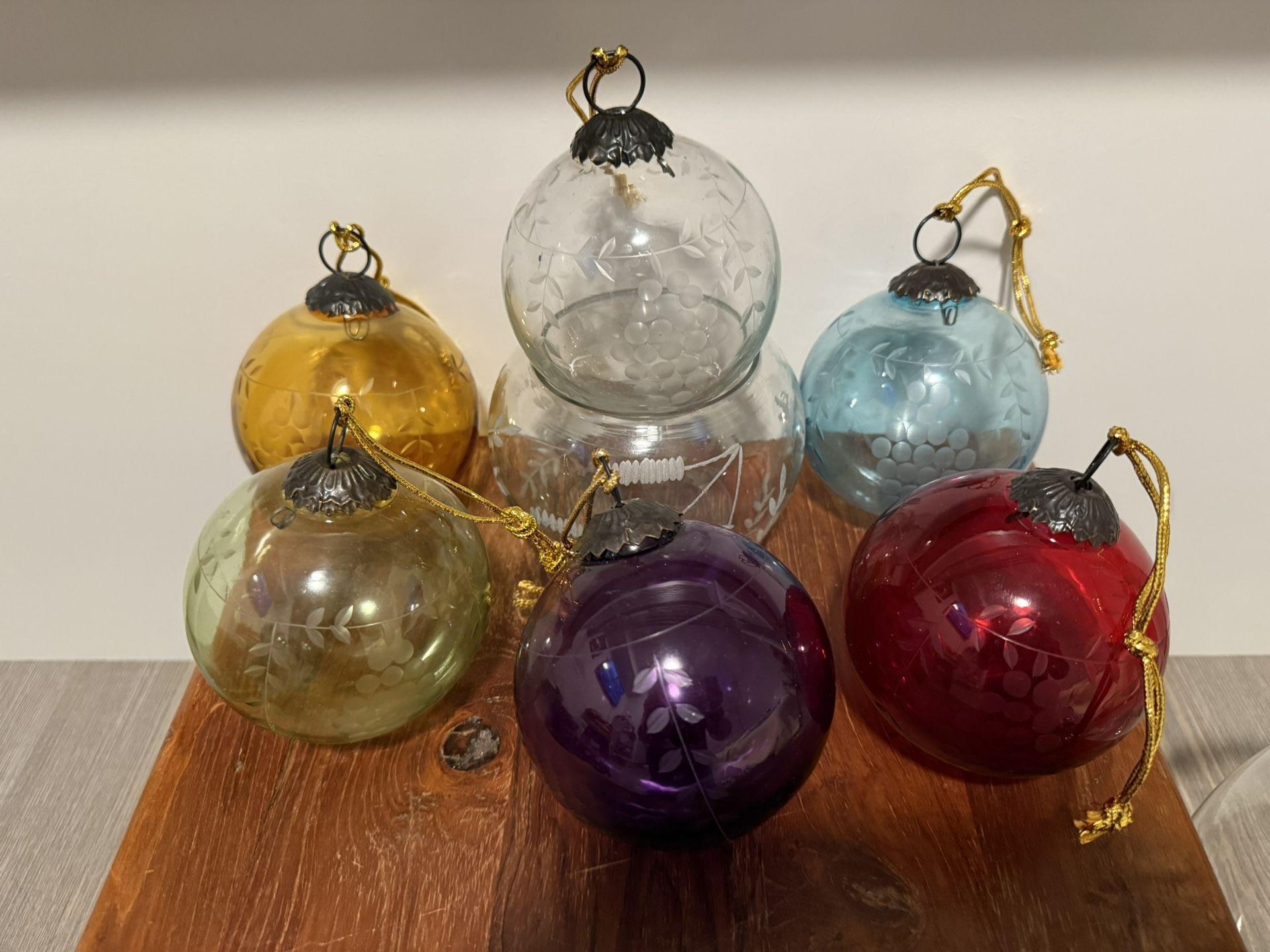 Set Of 6 - Large  Antique  Kugel Etched Glass Christmas Ornament Vintage