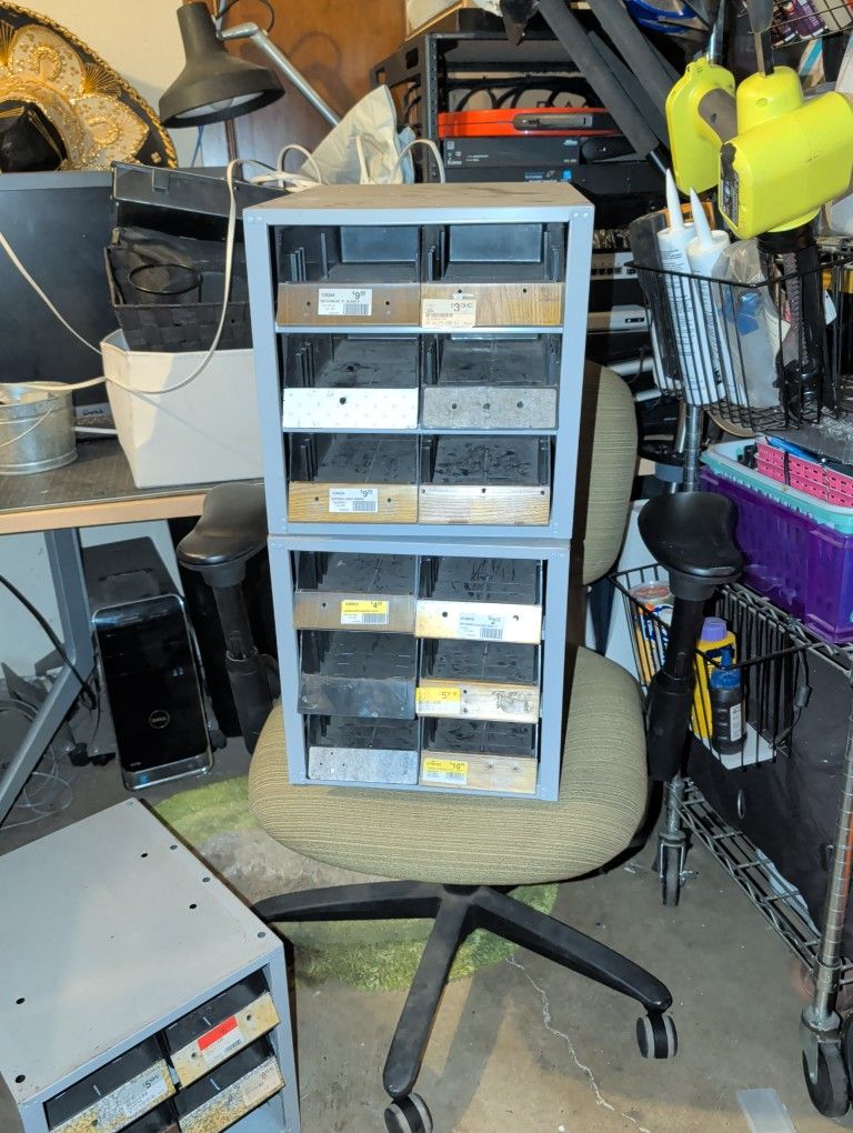 2 metal parts bin organizers with 12 plastic bin organizers