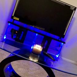 BLUE LED TV STAND W/ GLASS SHELF, BLACK