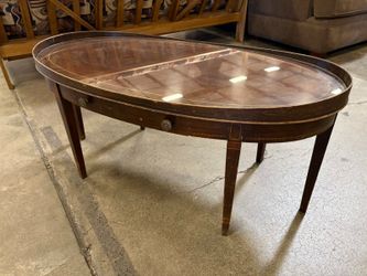 MERSMAN Vintage Mahogany Oval Coffee Table with Drawer and Inset Glass Top