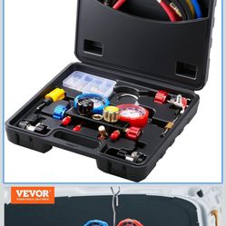 VEVOR 4 Way AC Gauge - AC Manifold Gauge Set for R134A R22 R12 R410A Refrigerant, Freon Gauges with 5ft Hoses, Couplers, Can Tap Works on Car Auto Fre