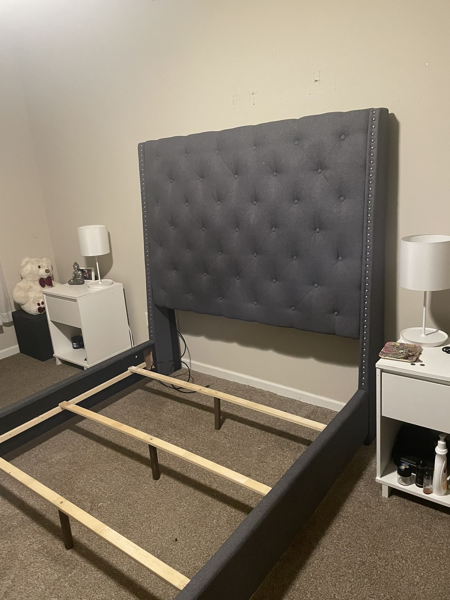 Gray Queen Size Upholstered Headboard & Bed Frame