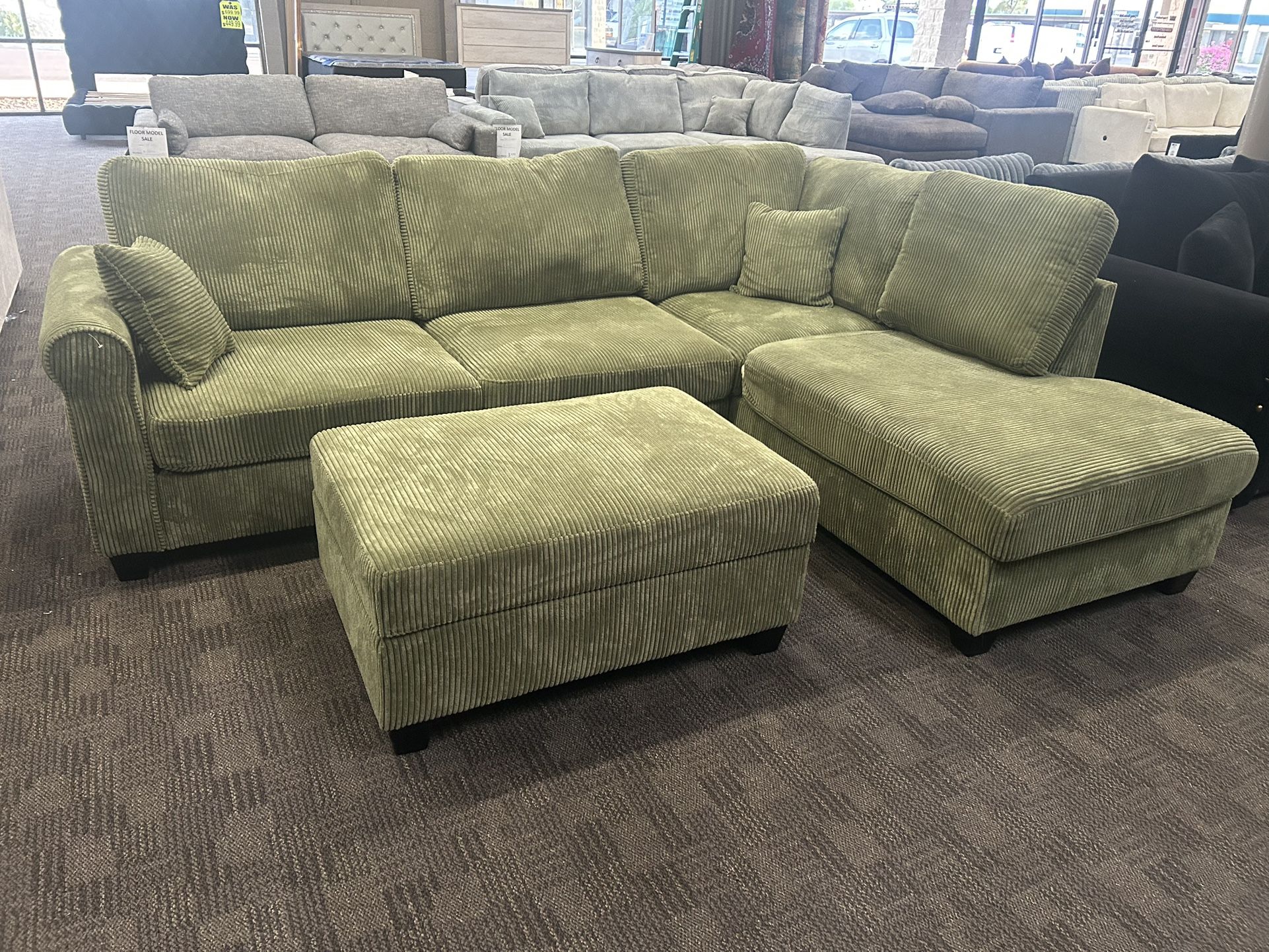 Sage Green Sectional w/ Storage Ottoman 