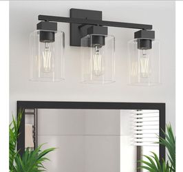 Matte Black Bathroom Vanity Light, 3-Light Vanity Lighting fixtures Over Mirror, Square Design & UL Certification, Wall Sconces with Clear Glass Shade
