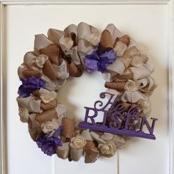 Handmade floral wreath with He Is Risen Sign