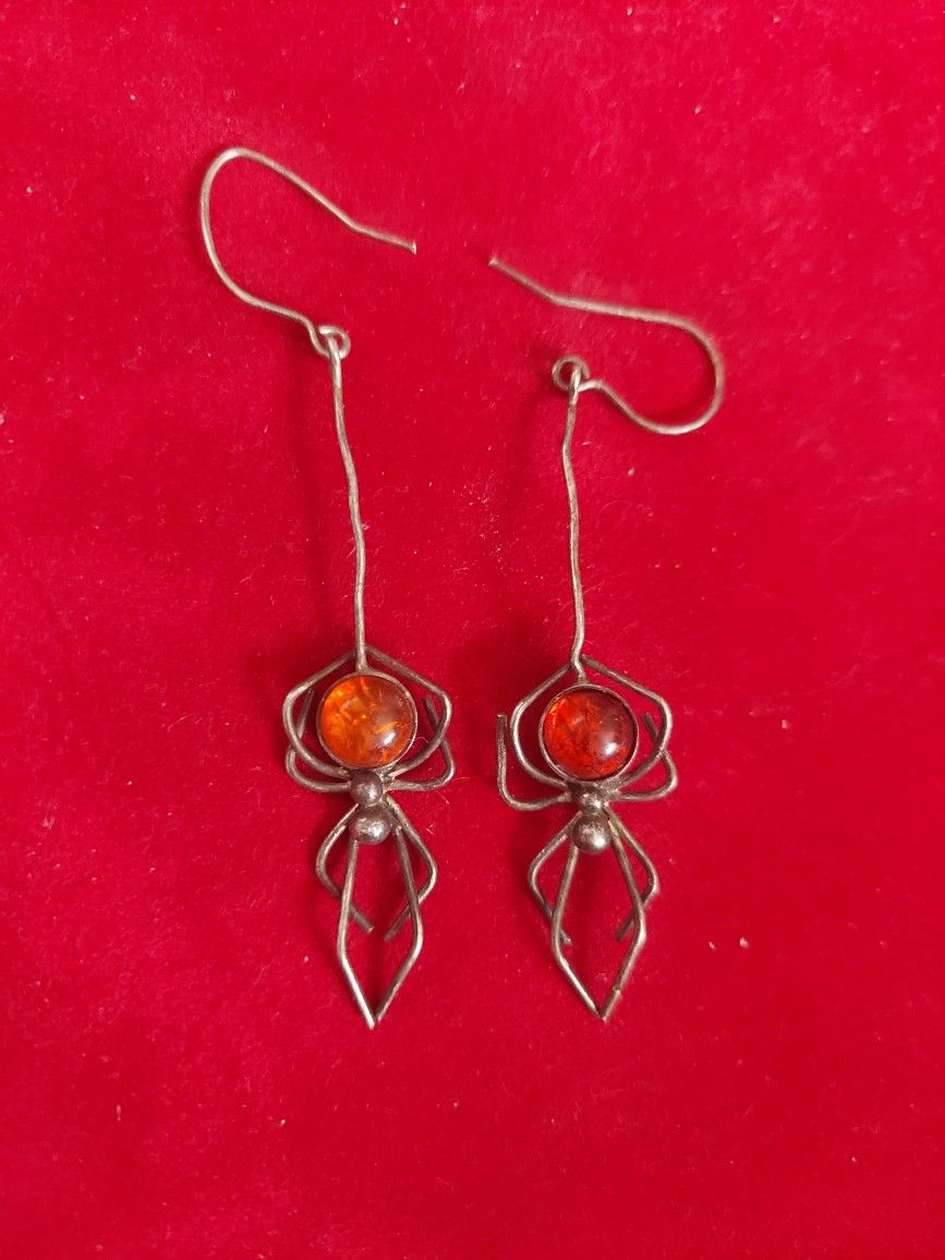 Sterling Silver And Amber Spider Earrings