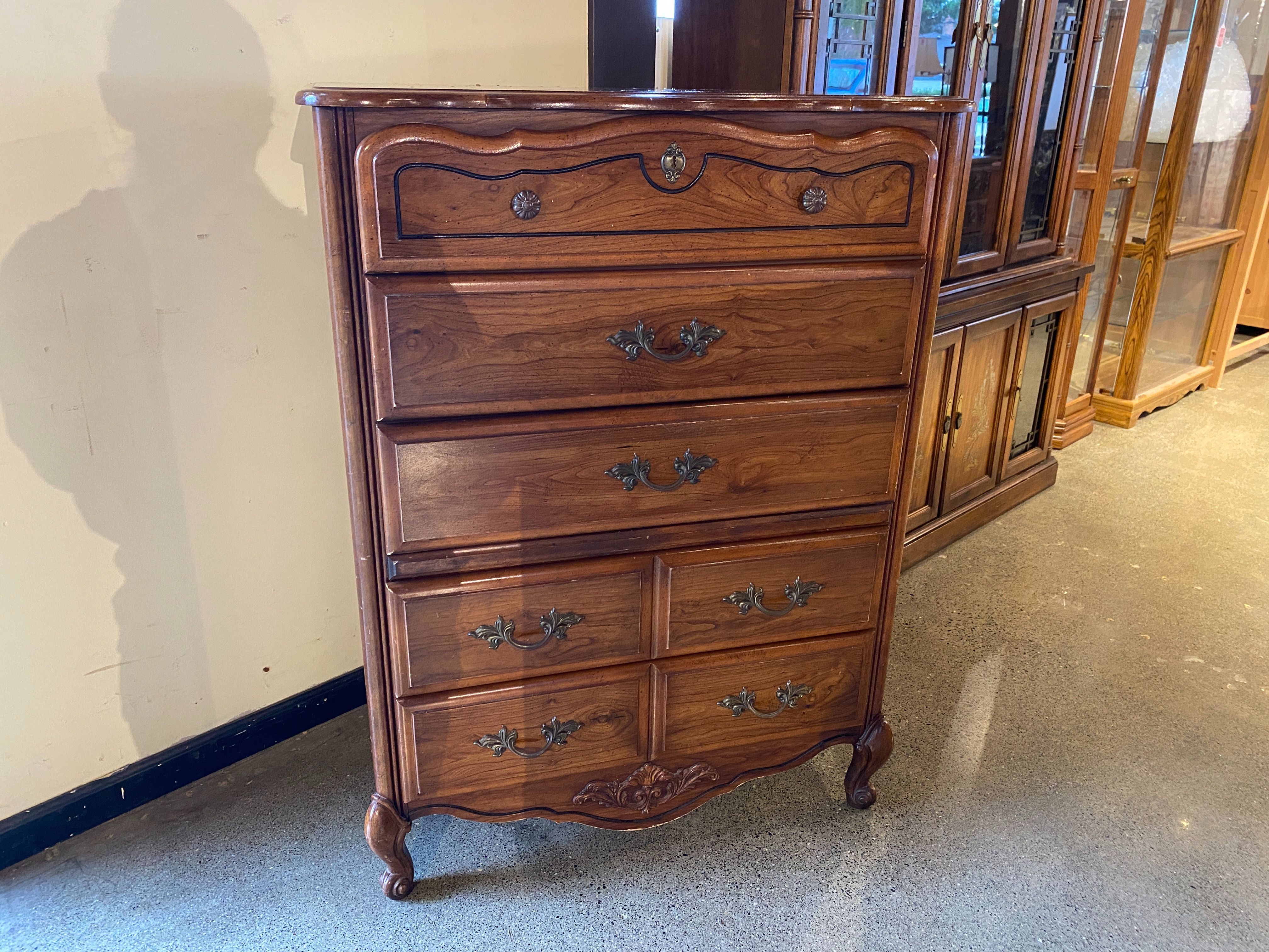 French Provincial Style Five Drawer Highboy Dresser