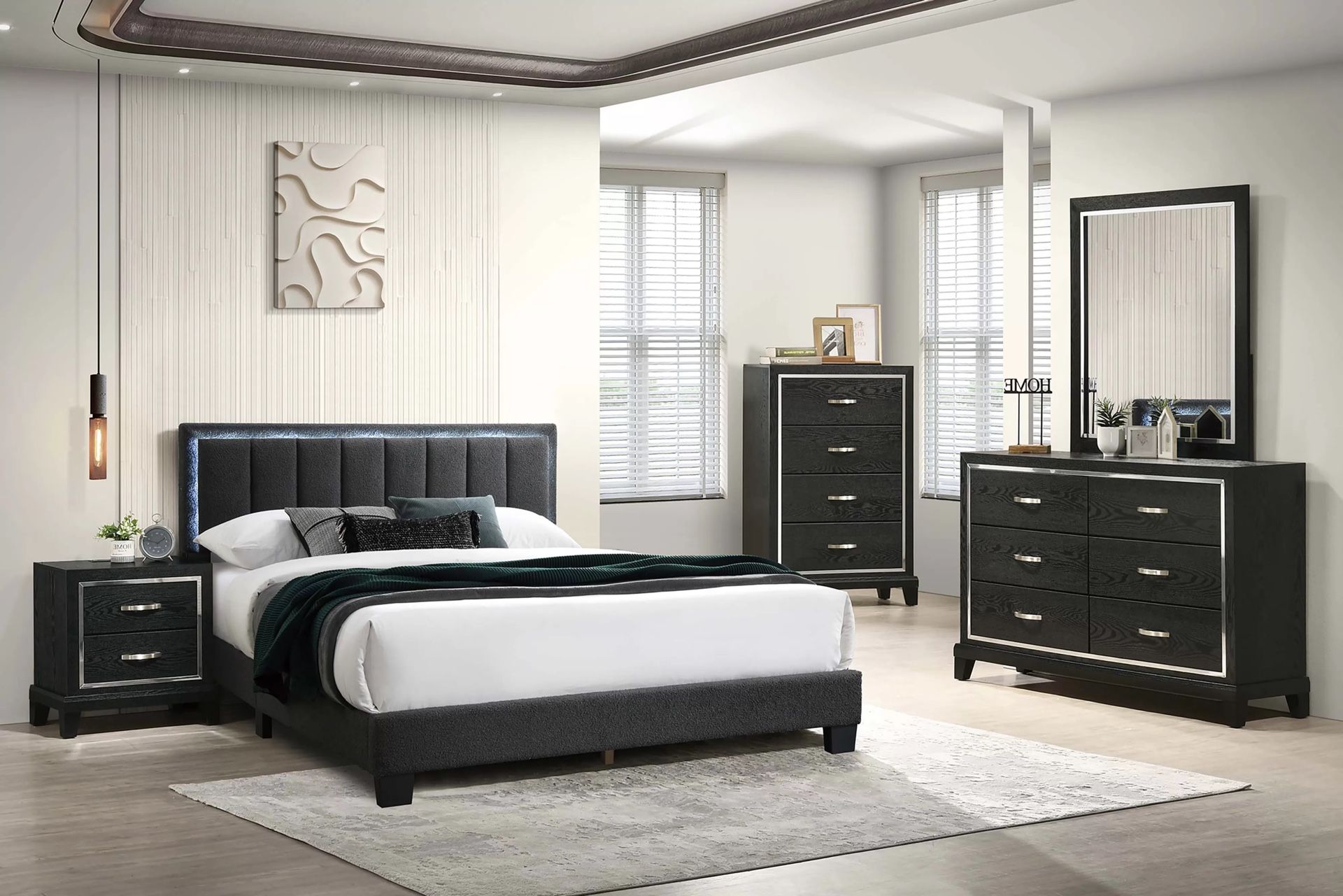 4PC Black Queen Bedroom Set w/ LED Lights