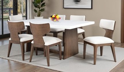 Brand New Brown & Beige 7pc Formal Dining Table Set w Marble Top