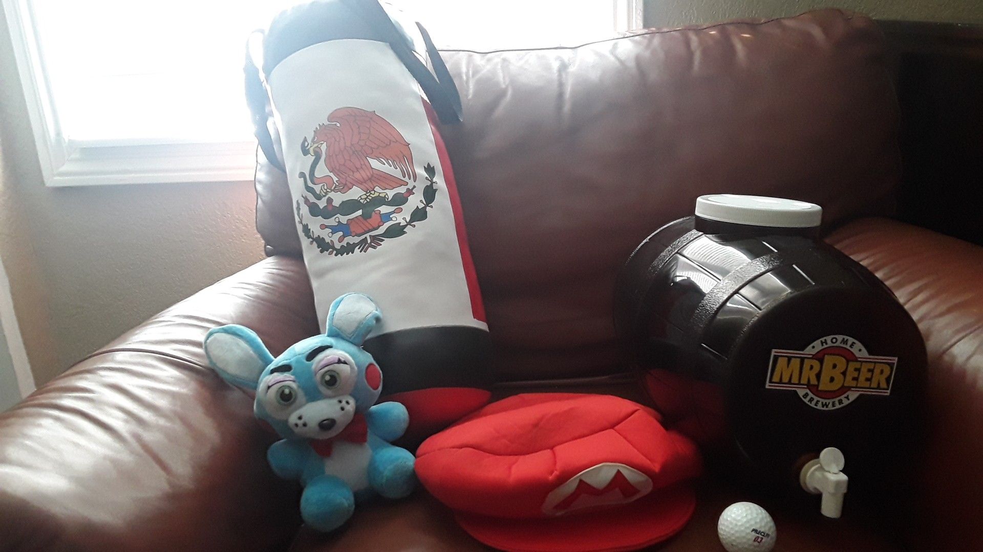 Random stuff (punching bag, Mario hat, golf ball, fnaf plushie and a home brewery Mr beer.