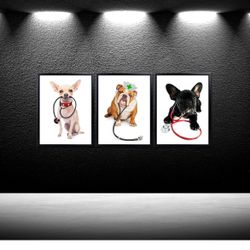3-Piece Dog Canvas Art Prints Set French Bulldog Stethoscope Chihuahua Vet Doctor Bulldog Nurse Hat Posters for Veterinarian Office 