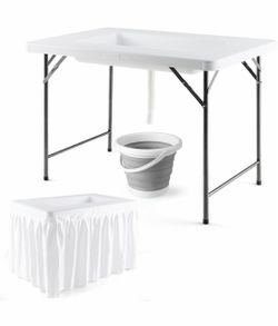 4 Foot Folding Ice Table, Buffet Salad Serving Table with Foldable Bucket, Removable Skirt, Drain System & 8" Spacious Edge, Portable Beverage Cooler