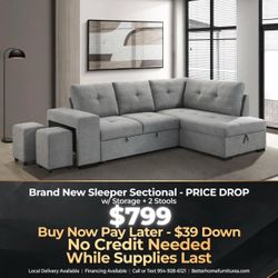 Gray Sleeper Sectional Sofa with Storage and 2 Stools