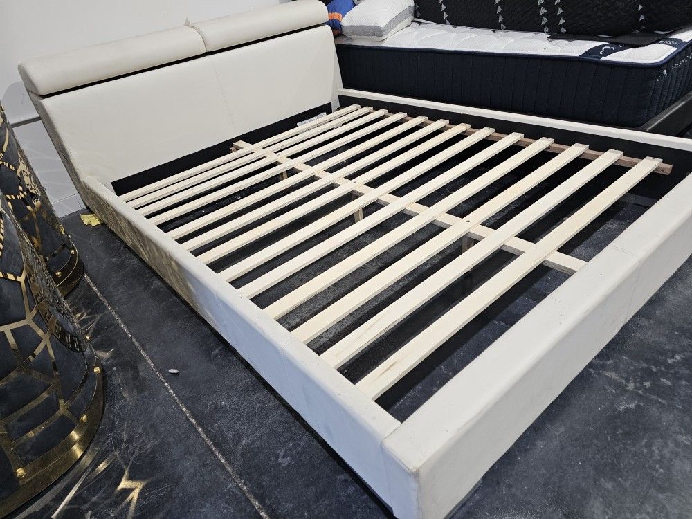 Cream Leather Platform Frame Queen