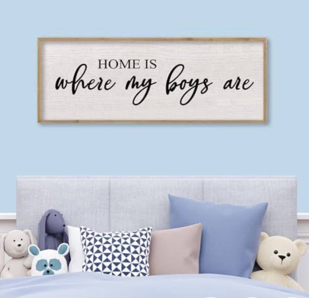 LuZhiQiang Home Is Where My Boys Are Wall Decor 40"×15" mom and her boys Sign for boys room Playroom Large Wood Framed Wall Hanging Art (Wood)