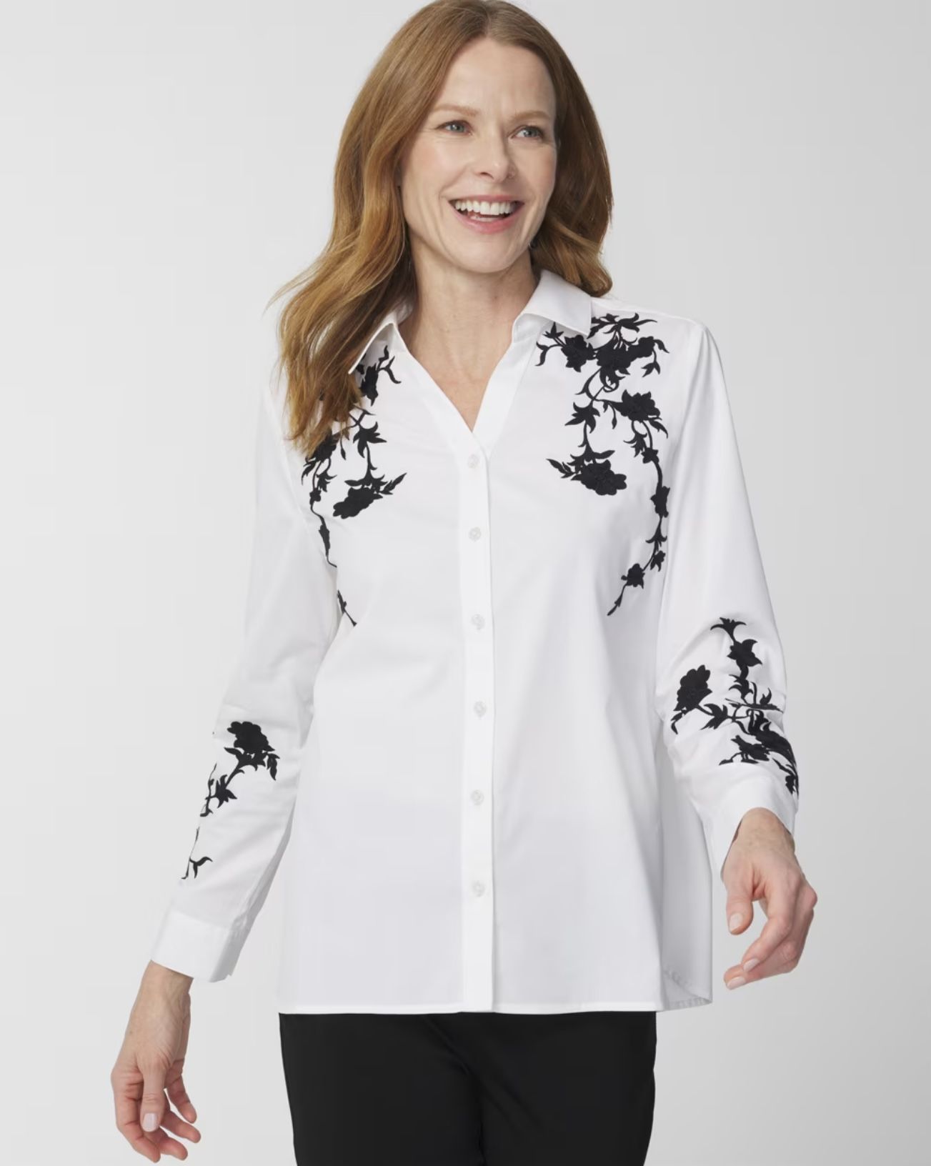 Chico’s White, Long-Sleeved Shirt with Black Embroidered Flowers. Size 3
