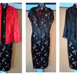 Vintage 80’s Chinese  Satin Dress, Silk Reversible Jacket