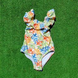 Tropical Floral Kids Zara Girls One-Piece Smocked Ruffle Swimsuit 8-9 Years EUC