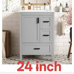 24 in. Single Sink Freestanding Gray Bath Vanity with White Ceramic Top, Divider Drawer, Door Racks