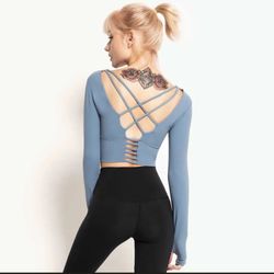 Ecupper Women’s XS Dusty Blue Athletic Criss Cross Open Back Long Sleeve Crop Top