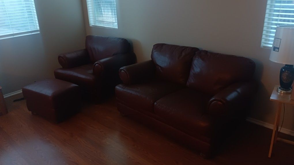 Leather Love Seat Chair & Ottoman