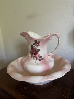 Vintage Pink Floral Wash Basin & Pitcher Set