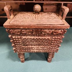 Vintage stunning mid century bronze metal Fang Ding James Mont style vessel ice bucket