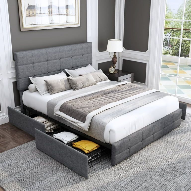 Queen Size 4 Storage Drawers Bed Frame, Square Tufted Upholstered Platform Bed with Adjustable Headboard, Light Grey