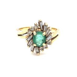 14k Emerald/Baguette And Round Diamonds Ring