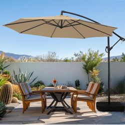 10ft Patio Umbrella with Base Included, Outdoor Offset Cantilever Umbrella with Sandbag Base for Backyard, Garden and Pool, Easy to Tilt and Crank, Ta