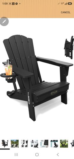 Folding Adirondack Chair, HDPE All-Weather Outdoor Chair
with Cup Holder, Wood Grain, Wide Armrest, Oversized Fire Pit Chair,