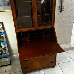 VINTAGE ART DECO TALL SECRETARY DESK WITH BOOKCASE & KEY- Solid Wood
