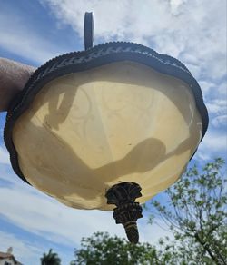 *Price REDUCED* Alabaster glass / bronze Ceiling "pendant" lamp, 3 bulb, 16" "bowl" , hangs 16" top-to-bottom. 