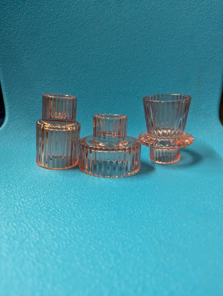 Glass Ribbed Candle Holders, Set Of 3