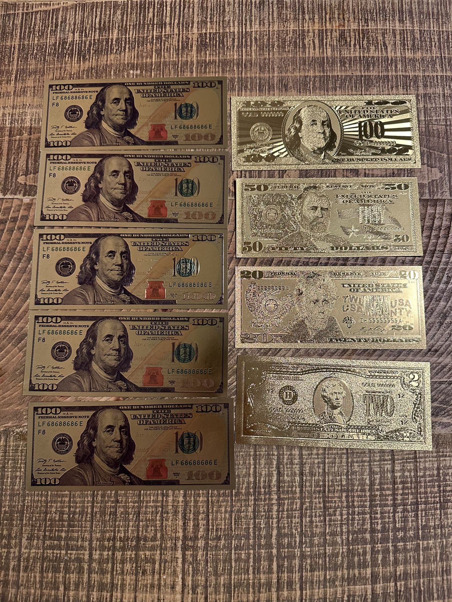 9 Piece Gold Novelty Bills $100 $50 $20 $2