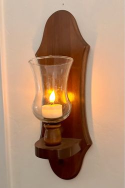 3 Scalloped Wood Wall Sconces with Glass Hurricane Shades
