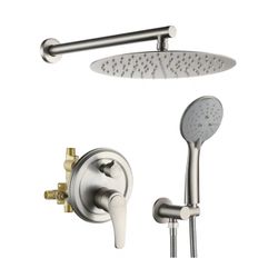 5-Spray Patterns with 2.35 GPM 12 in. Wall Mount Dual Shower Heads with Valve Included in Brushed Nickel