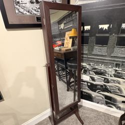 Brown Wood Mirrored Jewelry Cabinet Armoire – $100