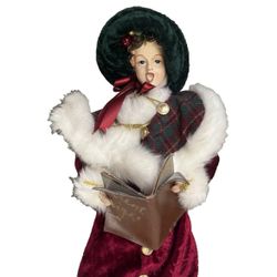 Vintage Tree Topper  15" Resin Female Christmas Caroler w Hymn Book Faux Fur