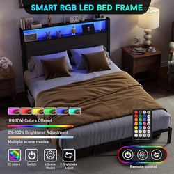 Queen Size Bed Frame with Headboard, Metal Platform Bed Frame with LED Lights & Charging Station, Under Bed Storage, Solid and Stable, No Box Spring N