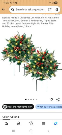 Lighted Artificial Christmas Urn Filler, Pre-lit Xmas Pine Trees with Cones, Golden & Red Berries, Tripod Stake and 60 LED Lights, Outdoor Light Up Pl