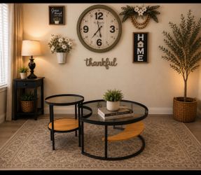 Modern Round Coffee Table Set of 2 – Black Metal & Wood Accent Tables – Brand New