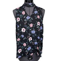 Pink Rose Women’s Sleeveless Top Key-Hole Neckline Black Floral Size M