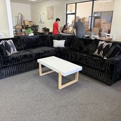 Sectional In Black Corduroy 