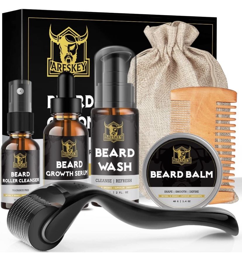 ARESKEY Beard Growth Kit, Beard Grooming Kit with Derma Roller, Natural Beard Growth Serum, Beard Wash, Beard Balm, Roller Cleanser, Beard Comb, Stora