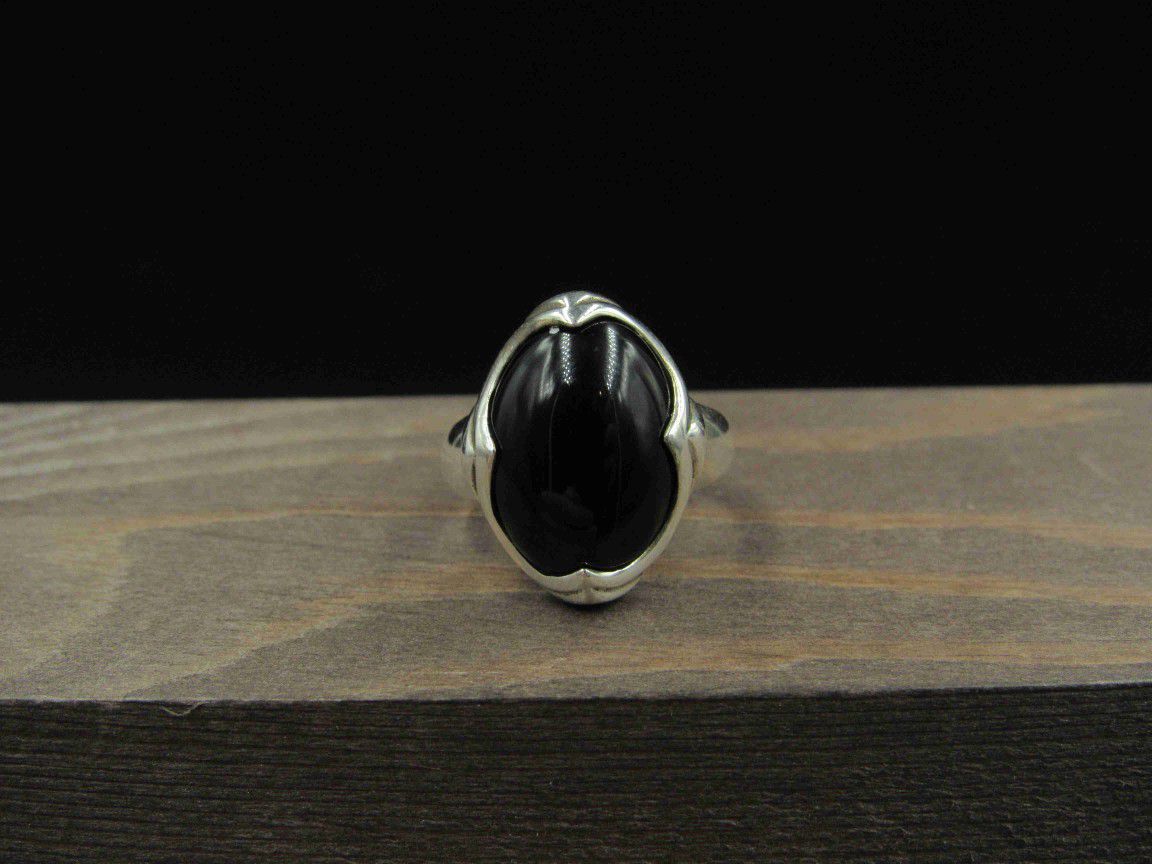 Size 7.75 Sterling Silver Large Black Onyx Stone Band Ring Vintage Statement Engagement Wedding Promise Anniversary Cocktail Cute Cool