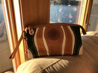 Frye leather and canvas clutch wristlet